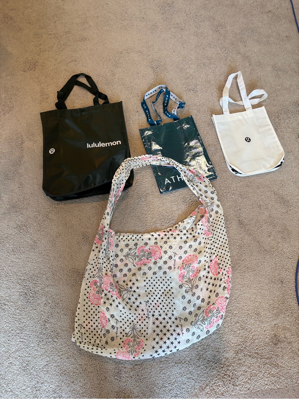 Free People Cream Shoulder Bag with Pink Floral Print and Lululemon totes